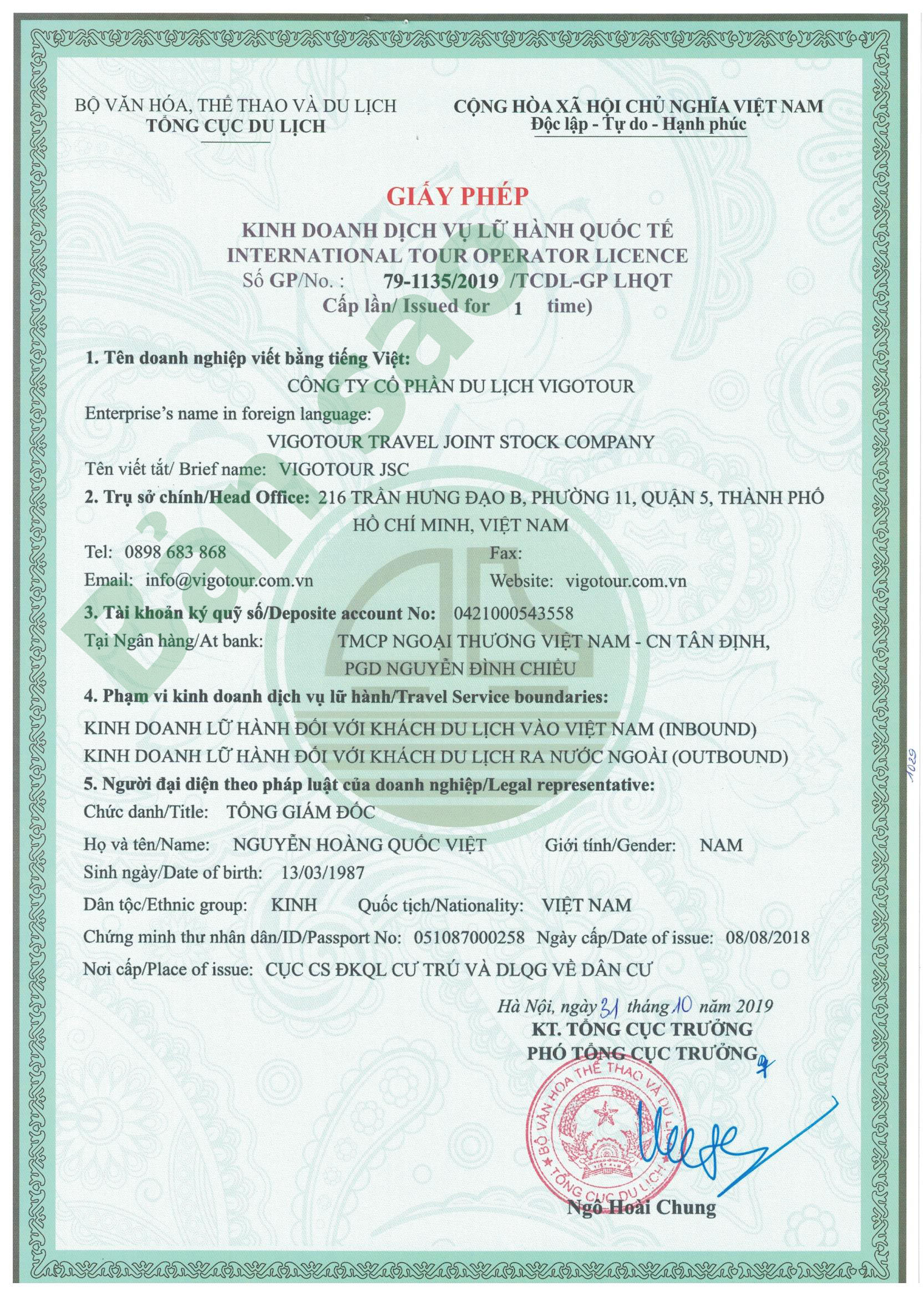 Giấy phép kinh doanh lữ hành quốc tế số 79-1135/2019 /TCDL-GP LHQT